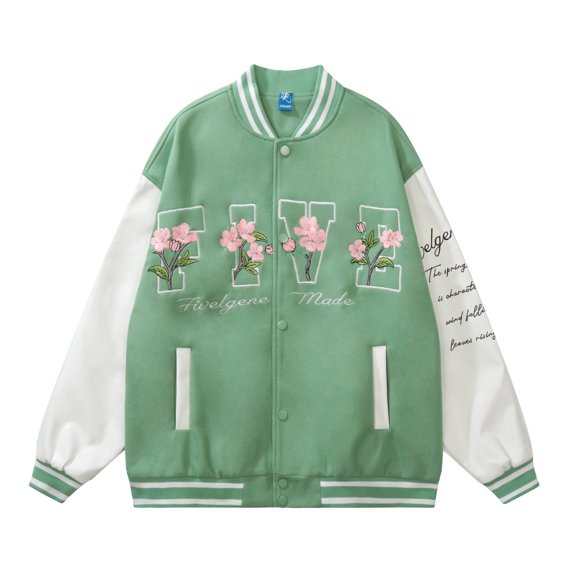 Green baseball jacket back BATTER FIVELGENE star floral print