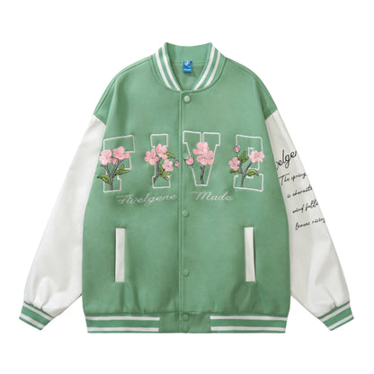 Oversized Floral Embroidery Baseball Jacket Snap Button Color Block Streetwear Casual Fall Outerwear