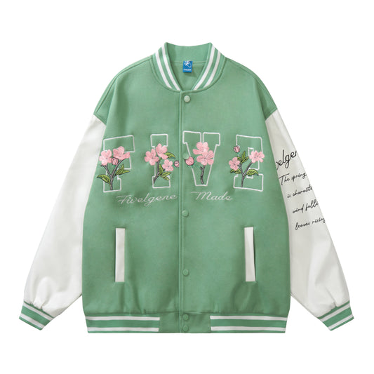 Green baseball jacket back BATTER FIVELGENE star floral print