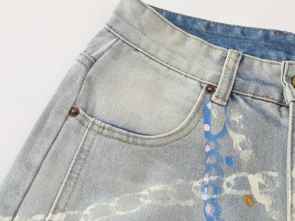 Graphic Chain Print Wide Leg Baggy Jeans Washed Denim High Waist Streetwear Y2K Casual Pants