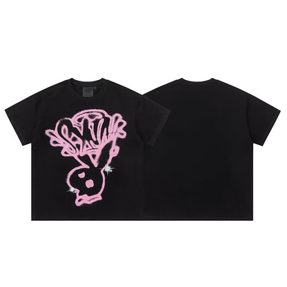 Black Pink Graffiti Skull Graphic T-Shirt, Crew Neck Short Sleeve Streetwear Tee