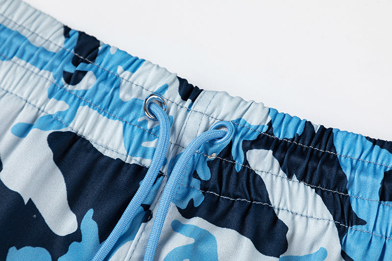 Blue camouflage drawstring shorts with white hem graphic and elastic waist - view 10