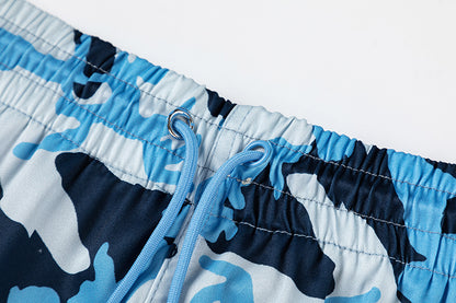 Blue Camo Drawstring Shorts, Elastic Waist Graphic Streetwear Casual Wear