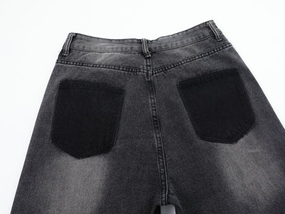 Distressed Ripped Wide Leg Jeans High Waist Washed Black Sandy Fade Black Patch Pocket Streetwear Denim Trousers | Void Rip