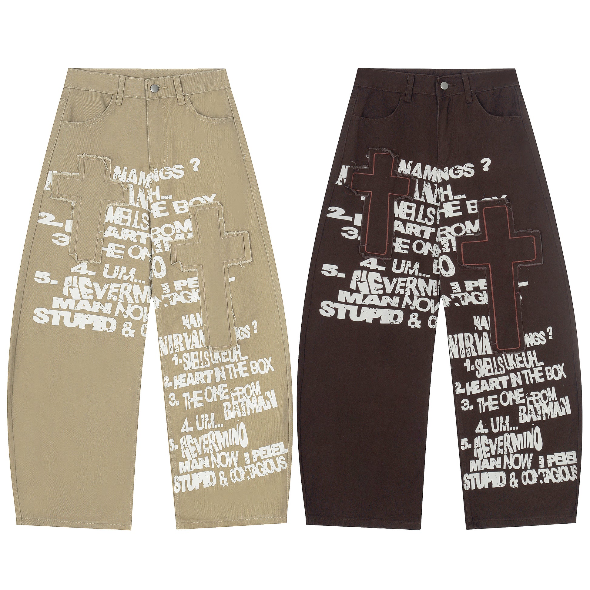 Stupid Contagious Gothic Cross Text Print Wide Leg Pants - Brown Front Detail