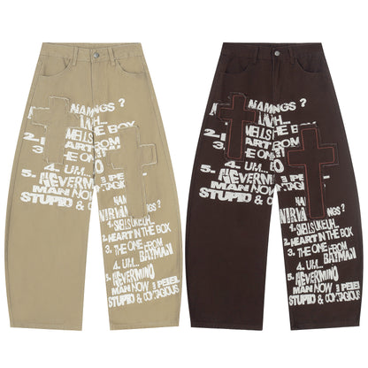 Stupid Contagious Gothic Cross Text Print Wide Leg Barrel Pants High Waist Y2K Streetwear