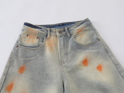 Tie Dye Orange Splash Wide Leg Baggy Jeans Washed Denim High Waist Streetwear Y2K Casual Pants