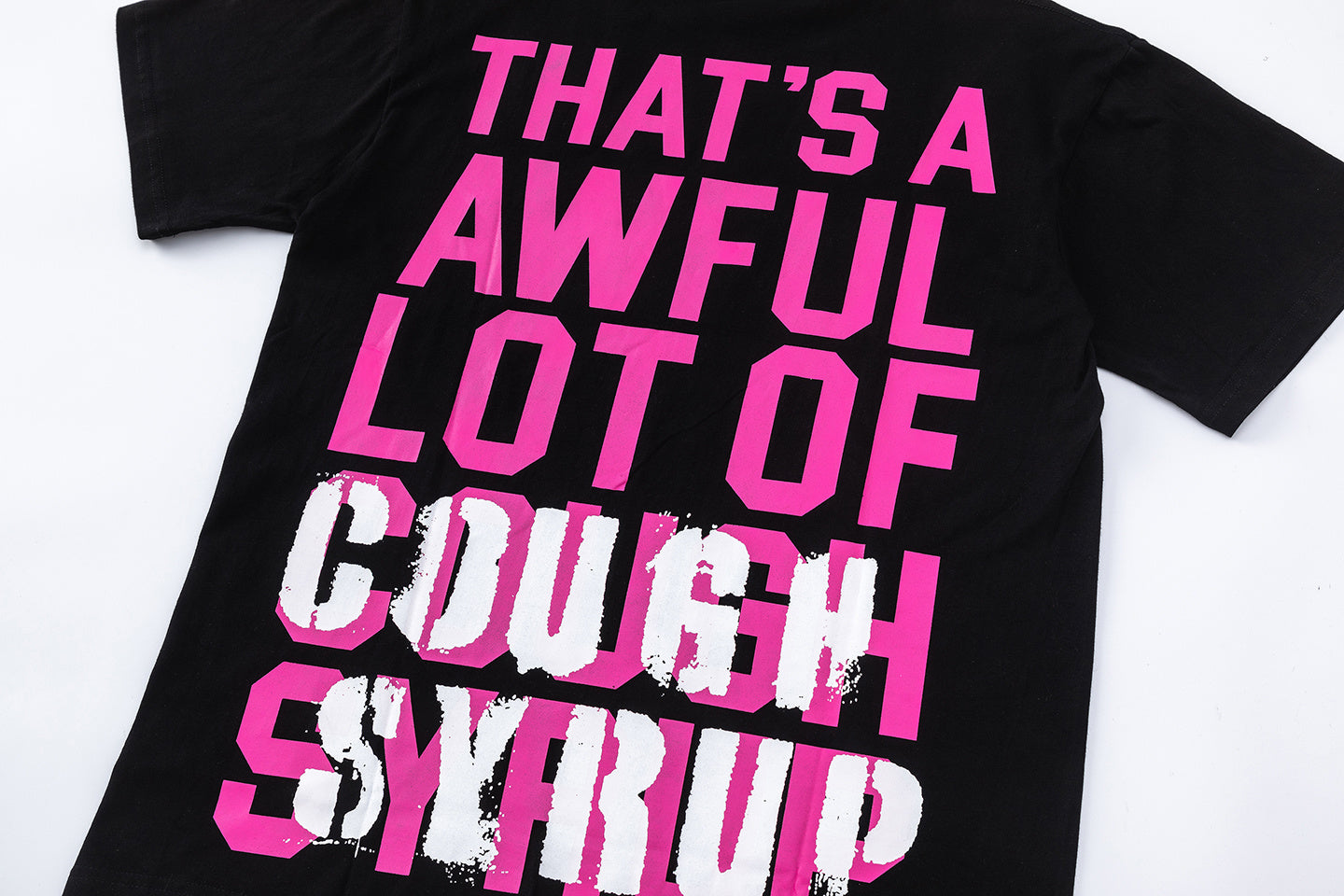 Black oversized graphic T-shirt with pink and white That's an Awful Lot of Cough Syrup slogan print - view 10