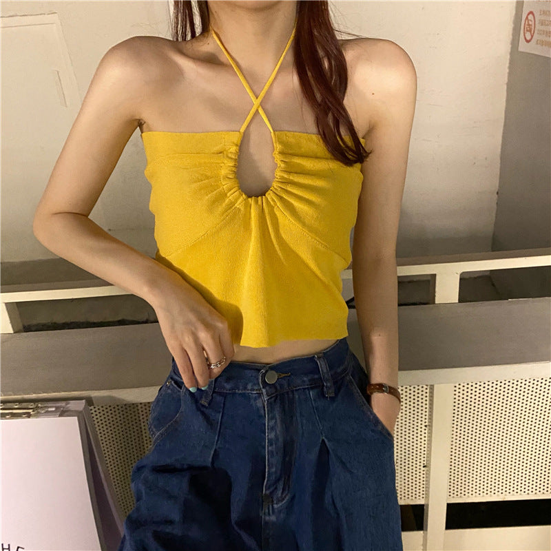 Summer New European and American small low-cut drawstring multi-wear halter vest women's figure-flattering belly-exposing short top