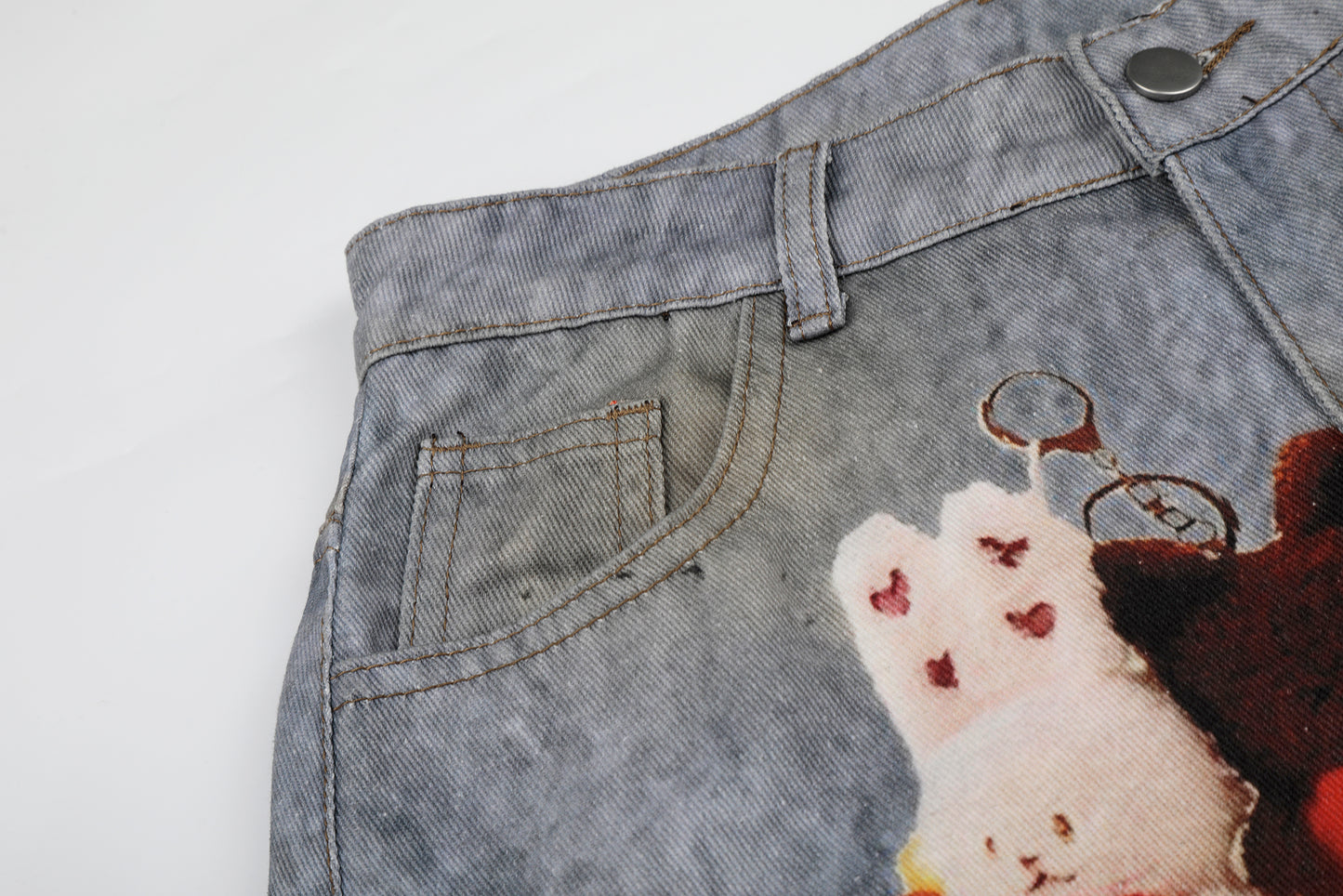 Women's Plush Doll Charm Chain Distressed Ripped Wide Leg Denim Jeans High Waist Beaded Y2K Streetwear Baggy Jeans