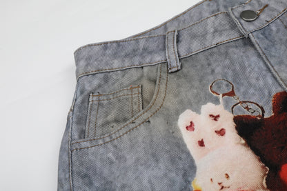 Women's Plush Doll Charm Chain Distressed Ripped Wide Leg Denim Jeans High Waist Beaded Y2K Streetwear Baggy Jeans