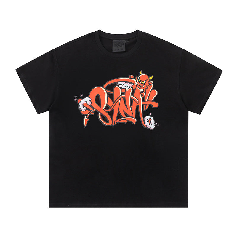 Black crew neck short sleeve graphic T-shirt with orange graffiti-style front print - view 10