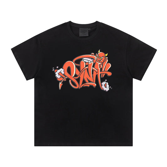 Black crew neck short sleeve graphic T-shirt with orange graffiti-style front print - view 10
