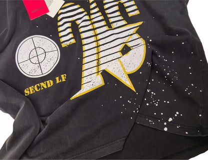 SECND SLF 25 Target Stripe Distressed Short Sleeve Tee Washed Black Boxy Heavy Ink Splash Post-Apocalyptic Streetwear | Target 25 Tee