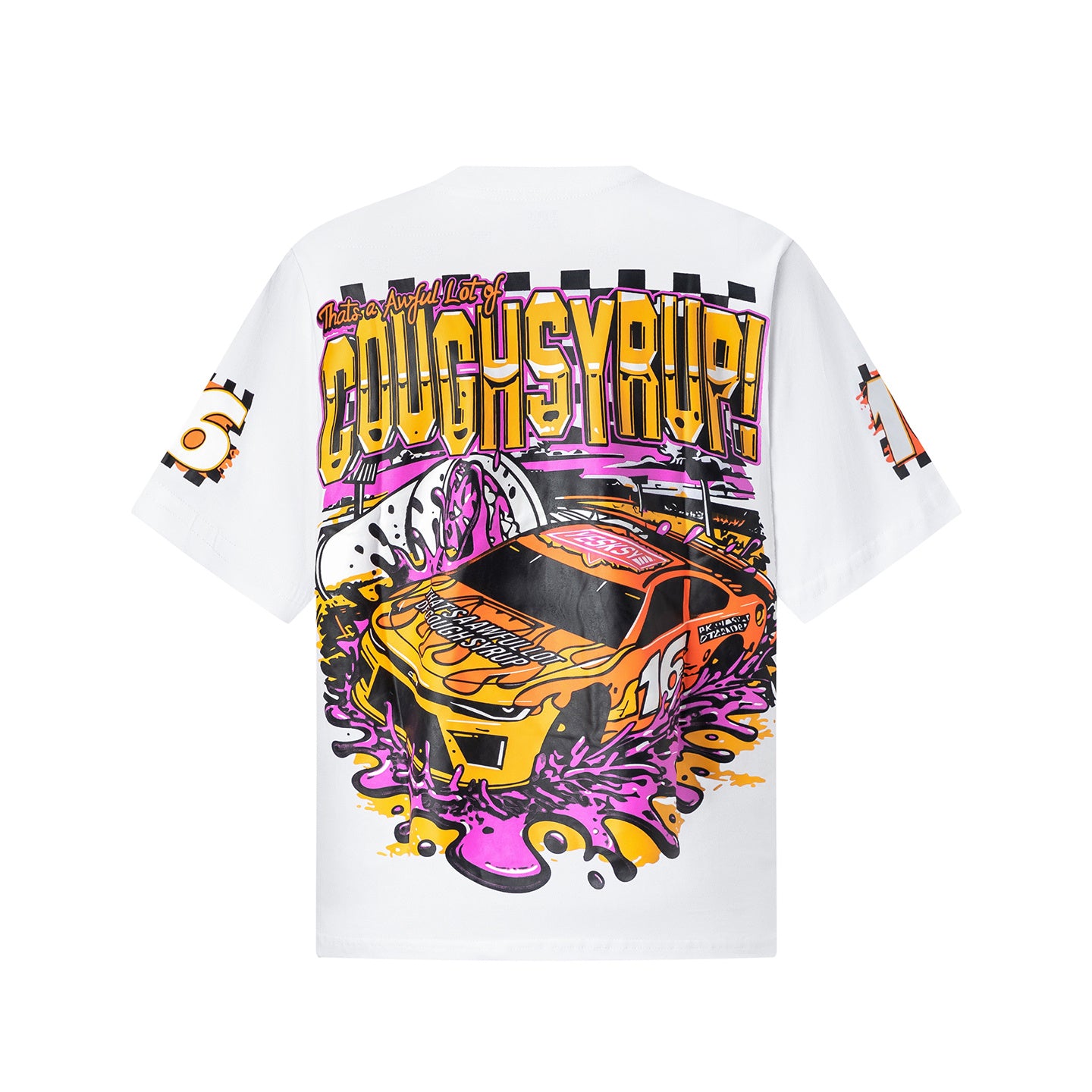 White unisex graphic T-shirt with colorful racing car print on the front and back - view 10