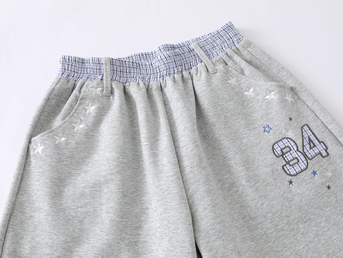 Star Print Number 34 Embroidery Wide Leg Sweat Shorts Plaid Elastic Waist Casual Streetwear Baggy Shorts | Star 34
