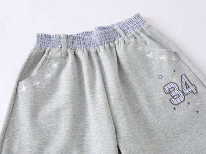 Star Print Number 34 Embroidery Wide Leg Sweat Shorts Plaid Elastic Waist Casual Streetwear Baggy Shorts | Star 34
