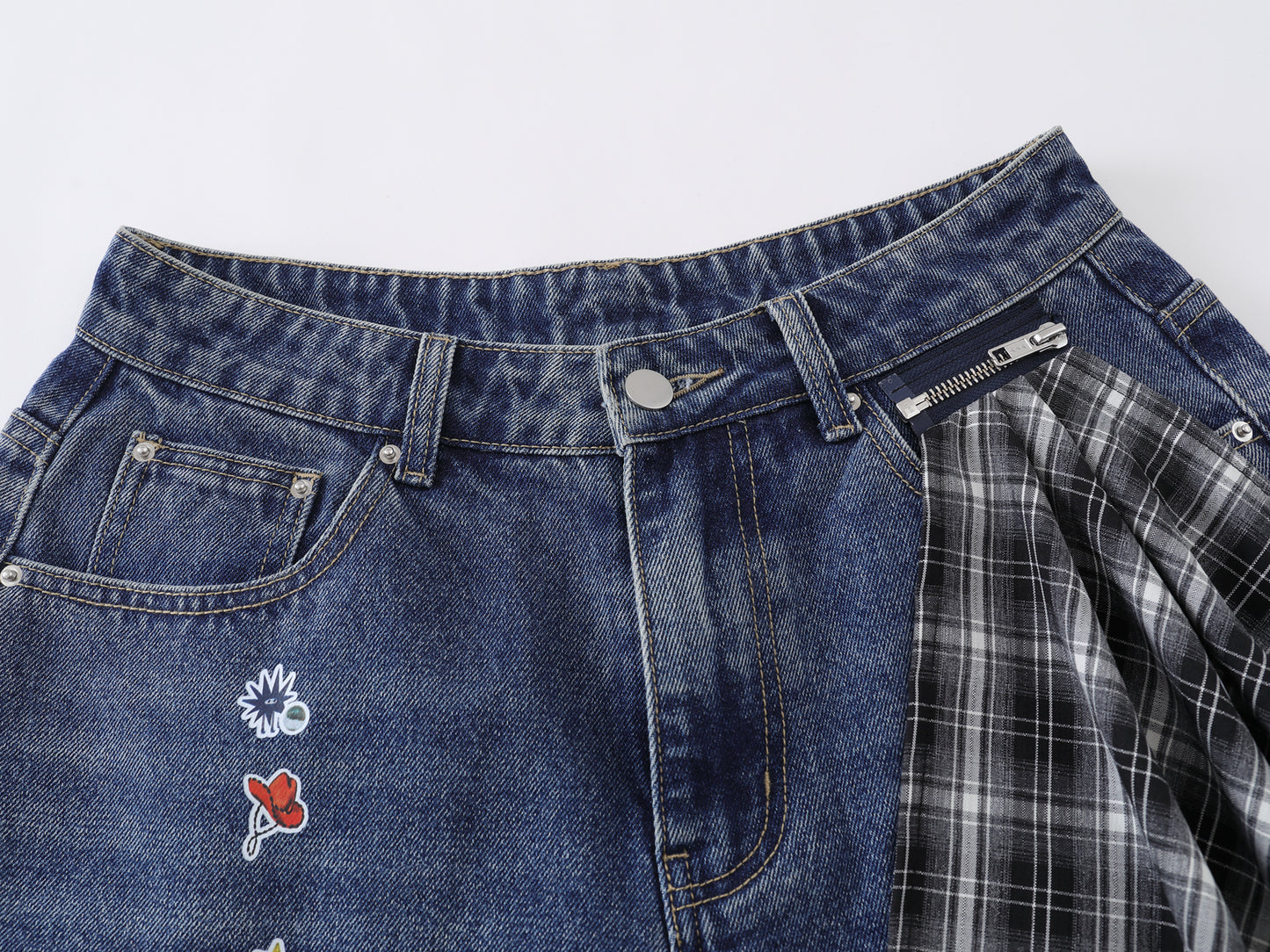 Cartoon Sticker Print Wide Leg Denim Shorts Plaid Handkerchief Waist Detail High Waist Casual Streetwear Baggy Jean Shorts | Sticker Hanky