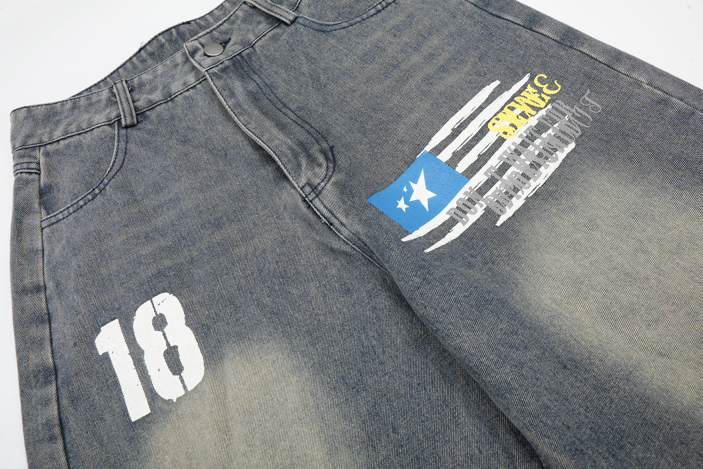 Number 18 Star Flag Print Wide Leg Denim Shorts High Waist Washed Vintage Streetwear Summer Casual Shorts