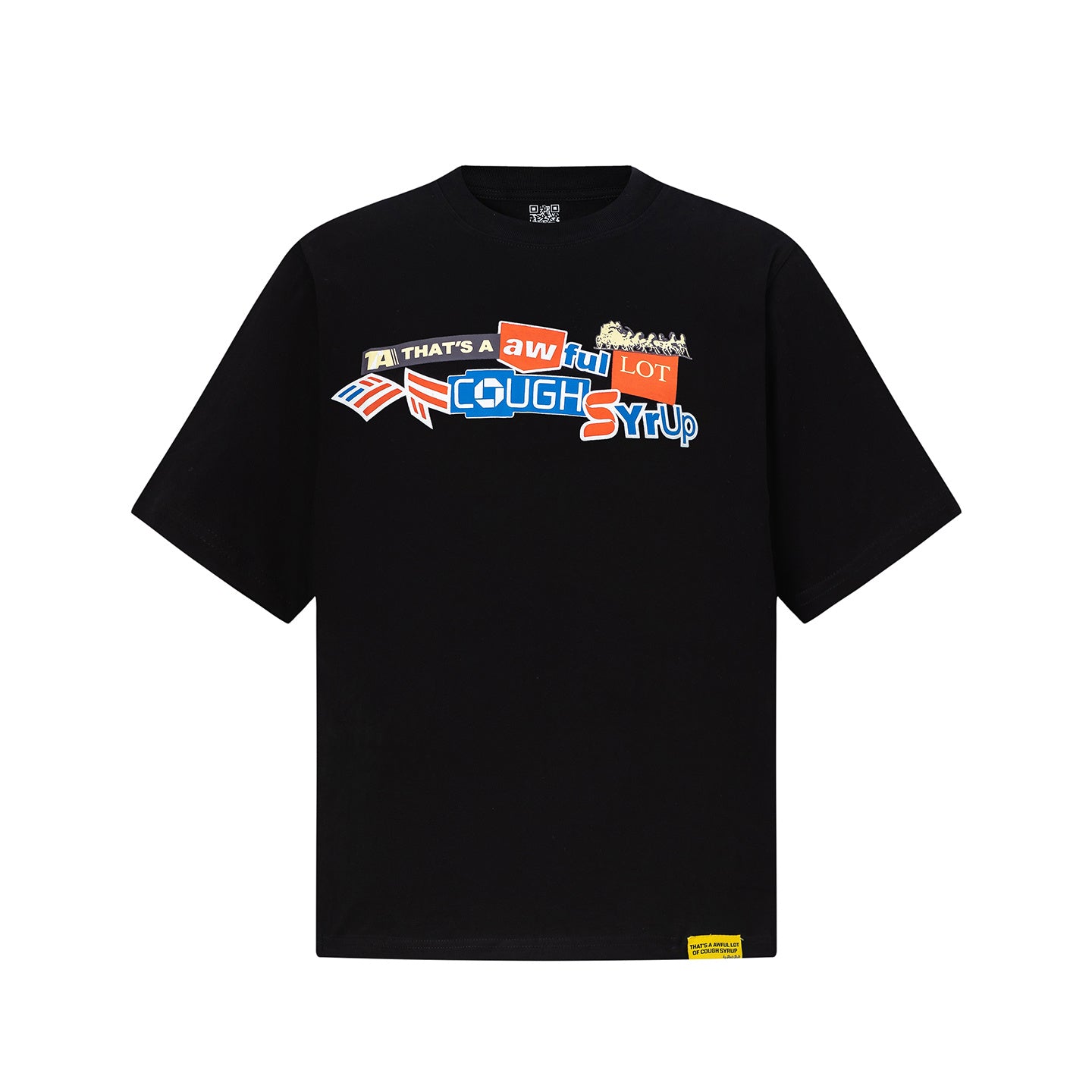 Adult graphic print crew neck T-shirt shown in black and white with colorful Cough Syrup typography - view 10