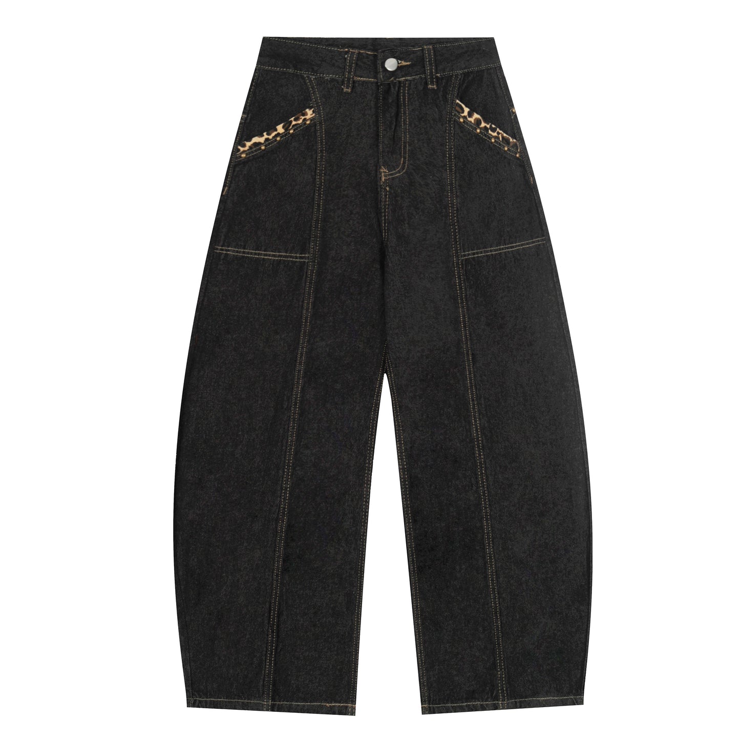 Gothic Cross Forever Embroidery Leopard Pocket Wide Leg Jeans - Black Front