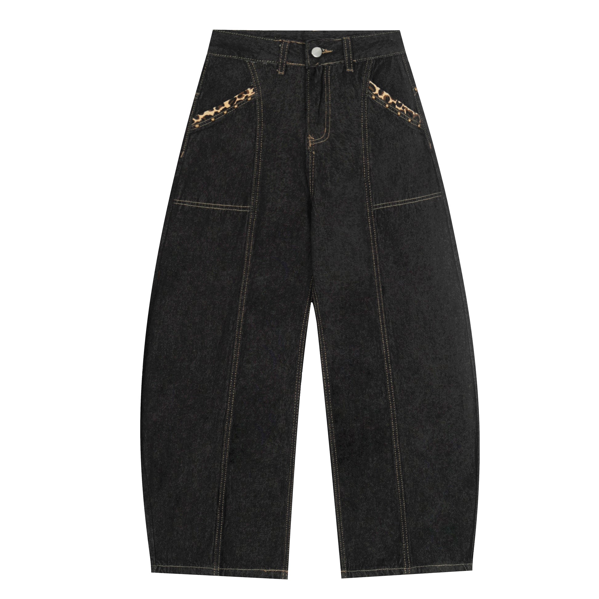 Gothic Cross Forever Embroidery Leopard Pocket Wide Leg Jeans - Black Front