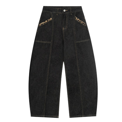 Gothic Cross Forever Embroidery Leopard Pocket Wide Leg Barrel Jeans High Waist Y2K Streetwear Denim