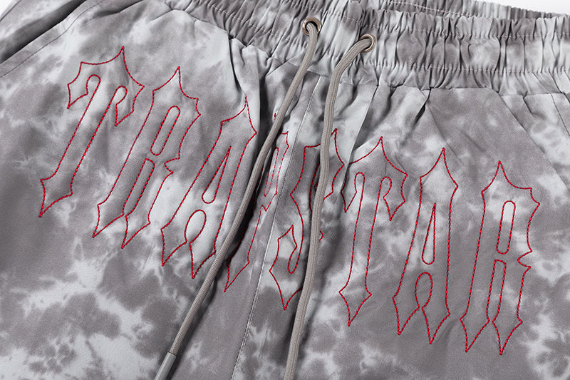 Black and gray tie-dye graphic shorts with drawstring waist and front pockets - view 10