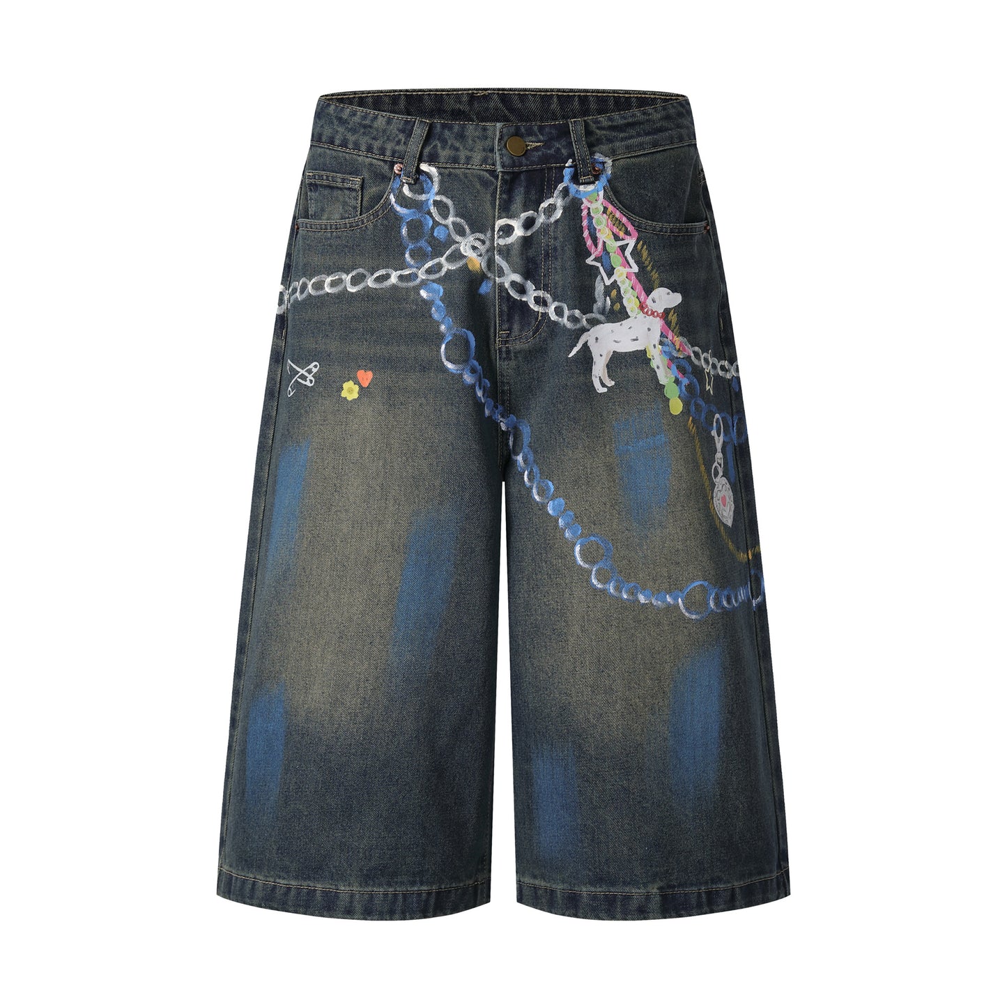 Chain Graphic Print Denim Shorts Wide Leg High Waist Washed Dalmatian Dog Charm Streetwear Summer Casual Jean Shorts | Chain Pup