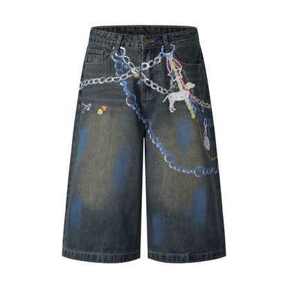 Chain Graphic Print Denim Shorts Wide Leg High Waist Washed Dalmatian Dog Charm Streetwear Summer Casual Jean Shorts | Chain Pup