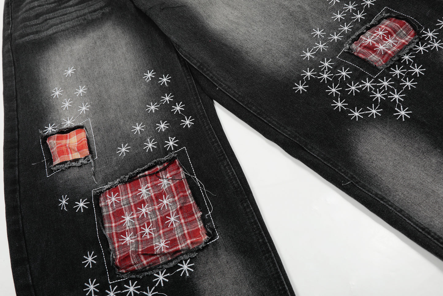 Red Plaid Patch Star Embroidery Wide Leg Jeans Washed Denim Patchwork Baggy Y2K Streetwear