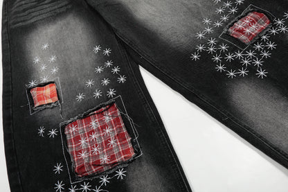 Red Plaid Patch Star Embroidery Wide Leg Jeans Washed Denim Patchwork Baggy Y2K Streetwear