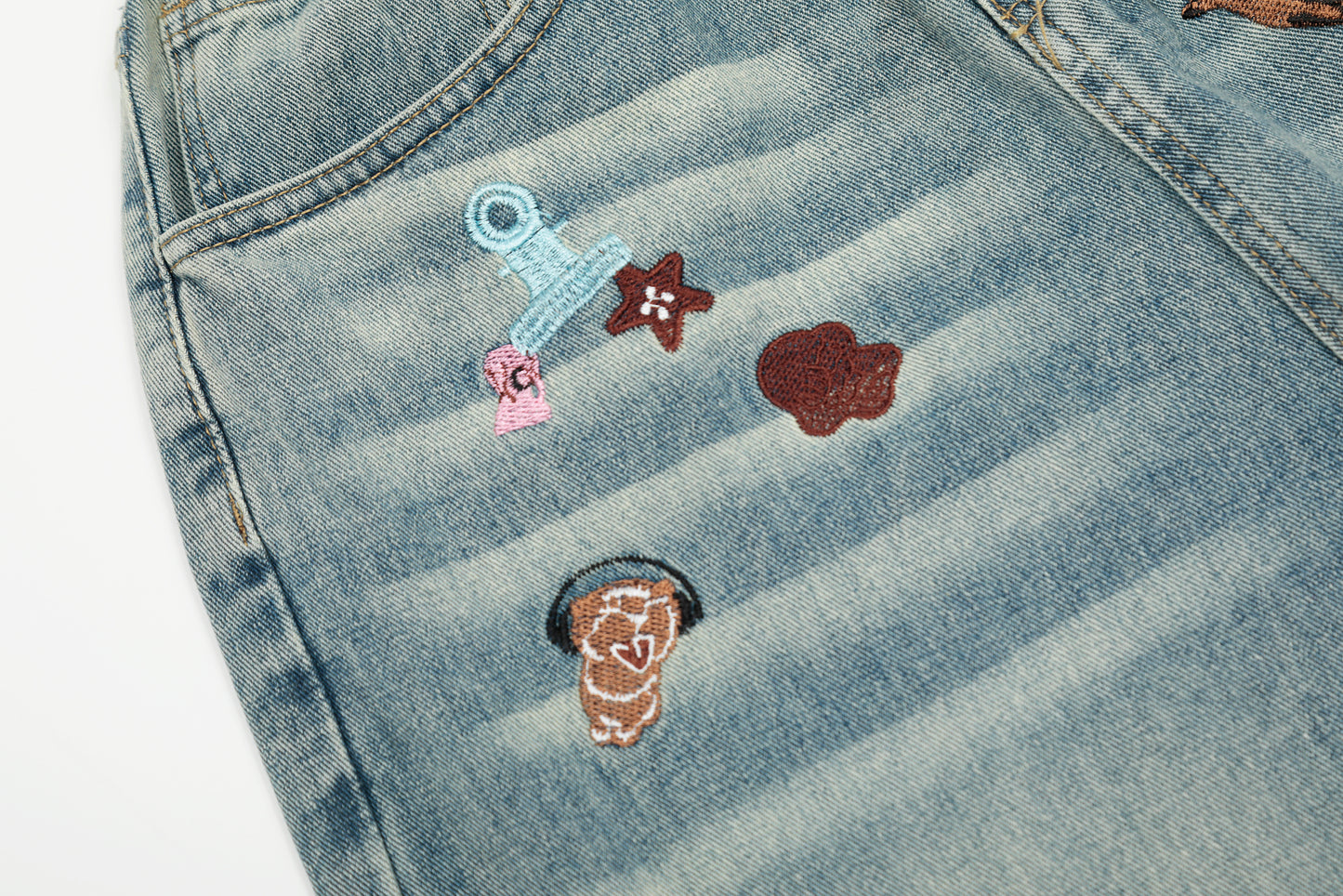 Cartoon Embroidery Scatter Patch Wide Leg Jeans Elastic Waist Washed Denim Bear Star Bow Y2K Harajuku