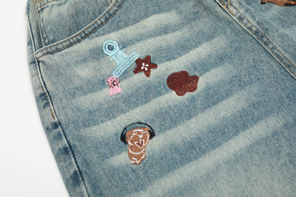 Cartoon Embroidery Scatter Patch Wide Leg Jeans Elastic Waist Washed Denim Bear Star Bow Y2K Harajuku