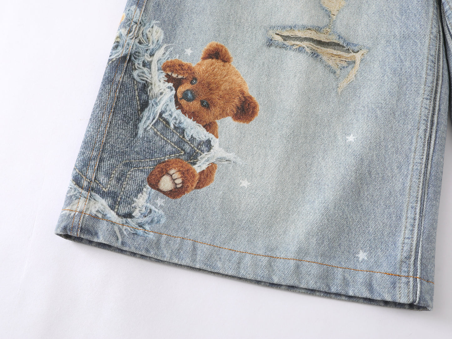 3D Plush Bear Peek Hole Denim Shorts Star Print Distressed High Waist Casual Streetwear Baggy Jean Shorts | Peek Bear