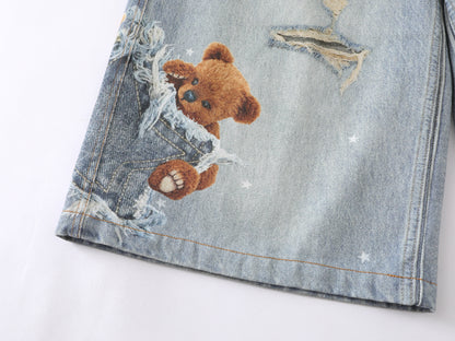 3D Plush Bear Peek Hole Denim Shorts Star Print Distressed High Waist Casual Streetwear Baggy Jean Shorts | Peek Bear