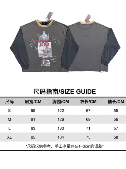 Paly Hollywood Star 80 Color Block Long Sleeve Tee Washed Distressed Vintage Movie Poster Print Contrast Sleeve Streetwear Top | Star 80