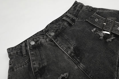 Women's Multi-Pocket Buckle Strap Distressed Denim Shorts High Waist Wide Leg Raw Hem Casual Streetwear Jean Shorts