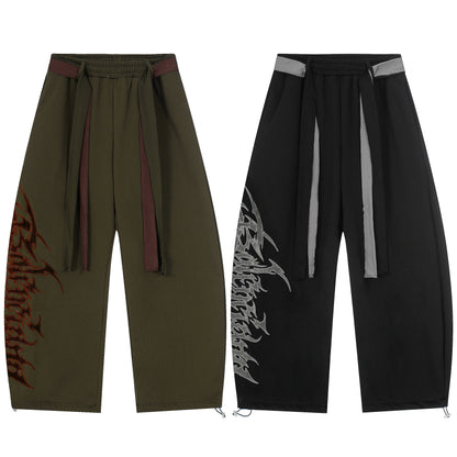 Gothic Flame Letter Print Contrast Waistband Wide Leg Barrel Pants Dual Strap Drawstring Ankle Y2K