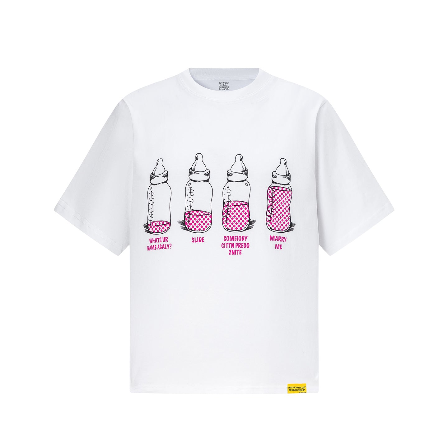 White crew neck graphic T-shirt with baby bottle artwork and pink polka dot text - view 10