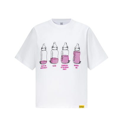 White Graphic T-Shirt with Baby Bottle Print, Crew Neck Short Sleeve Tee