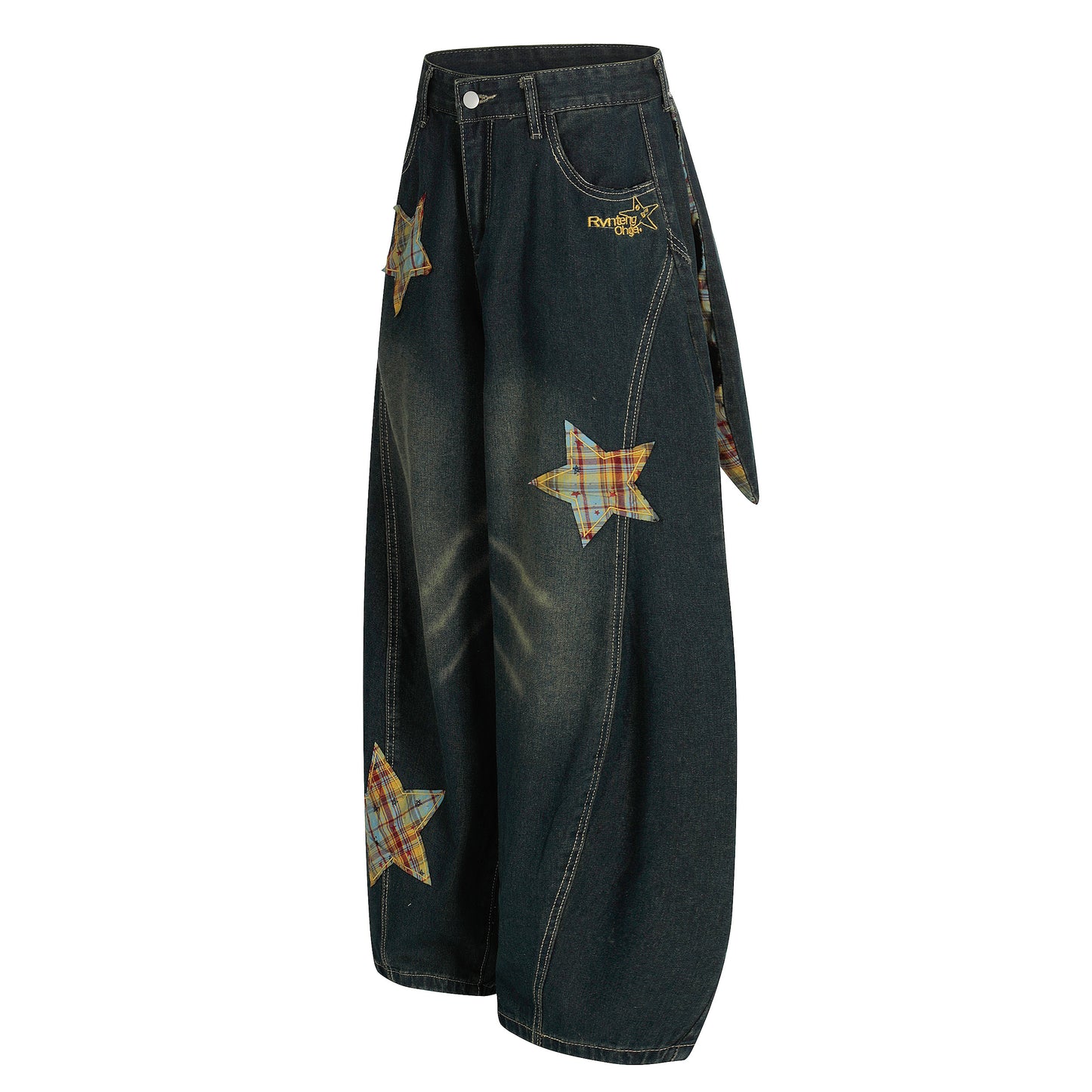 Women's Rvnteng Plaid Star Patch Balloon Wide Leg Denim Jeans - Black Side View