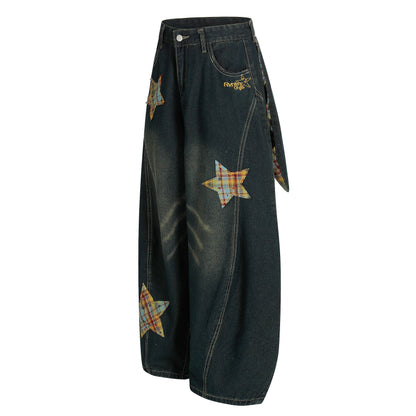 Women's Rvnteng Plaid Star Applique Patch Balloon Wide Leg Denim Jeans High Waist Vintage Wash Y2K Streetwear Baggy Jean Pants