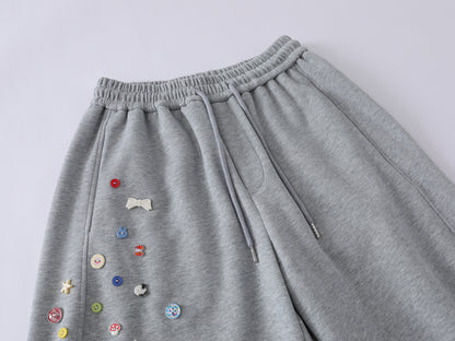 Colorful Button Badge Wide Leg Sweatpants Kawaii Charm Elastic Waist Baggy Fleece Pants Casual Streetwear Balloon Trousers | Button Drop