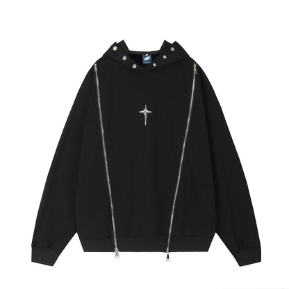 Dual Zip Star Embroidery Fleece Hoodie Oversized Streetwear Y2K Grunge Snap Collar Warm Winter Pullover Sweatshirt | Nova Zip