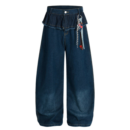 Women's Ruffle Fold-Over Waist Heart Charm Chain Balloon Wide Leg Denim Jeans High Waist Y2K Streetwear Baggy Jean Pants