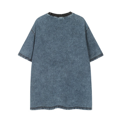 Distressed Star Patch Graffiti Washed Denim Tee Oversized Short Sleeve Hip Hop Streetwear Y2K Vintage Graphic T-Shirt | Star Grunge