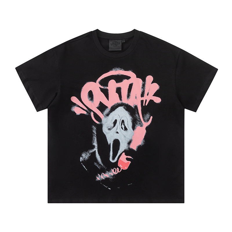 Black unisex graphic T-shirt with pink and white masked face print, crew neck, and short sleeves - view 10