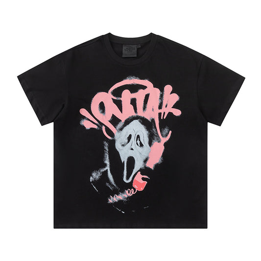 Black unisex graphic T-shirt with pink and white masked face print, crew neck, and short sleeves - view 10