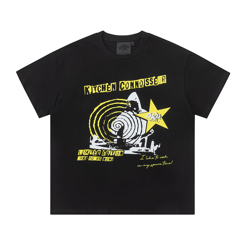 Men's black crew neck short sleeve graphic T-shirt with yellow and white front print - view 10